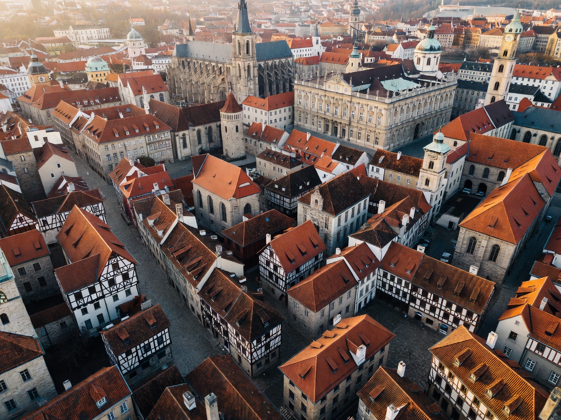 Aerial perspective of European historic city center