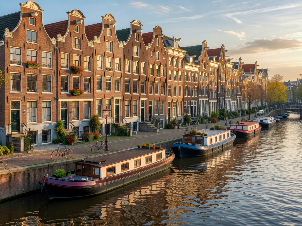 Amsterdam canal lined with traditional brick gabled houses and houseboats