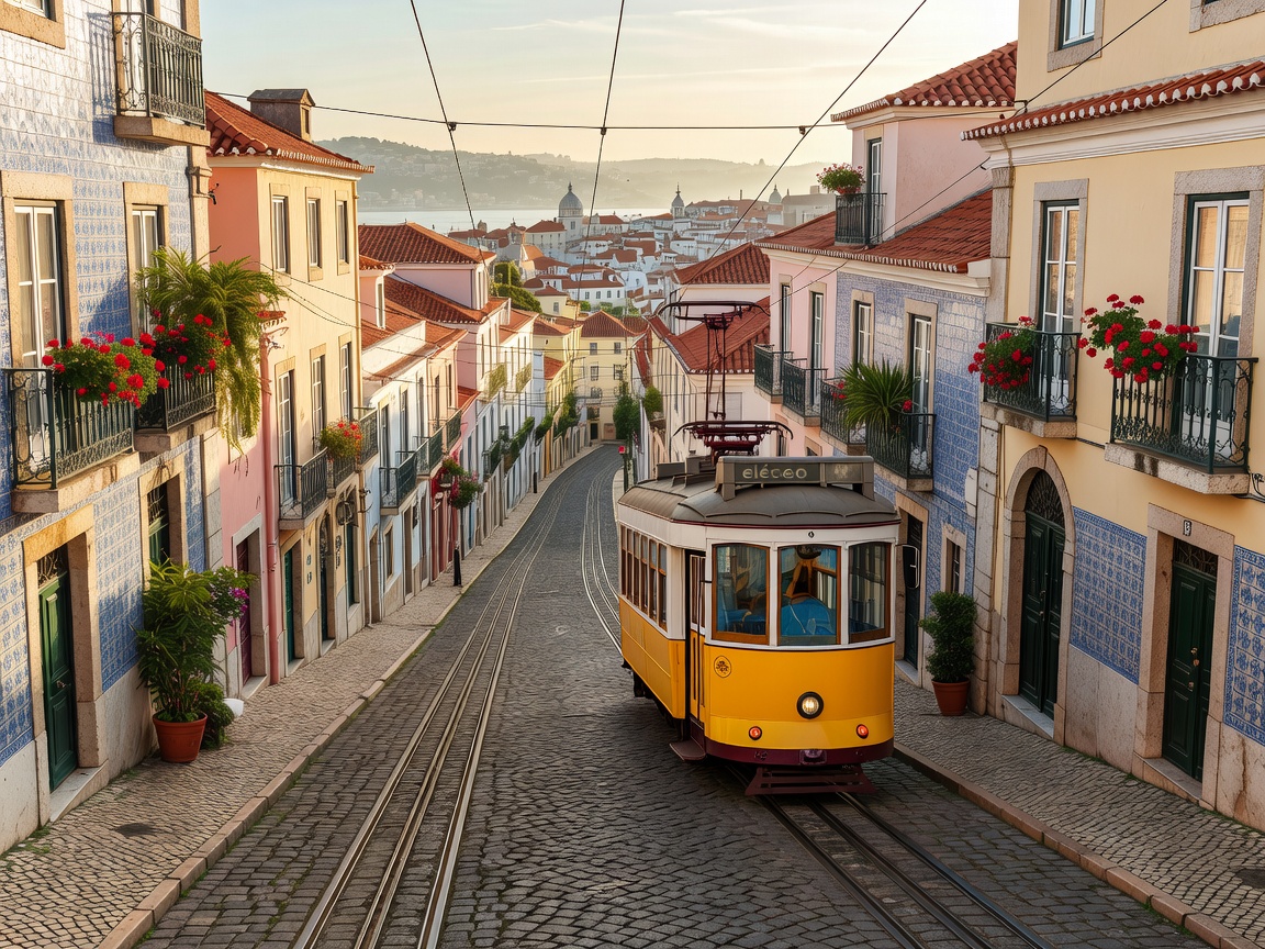 Scenic Lisbon hillside street with traditional yellow tram on tracks