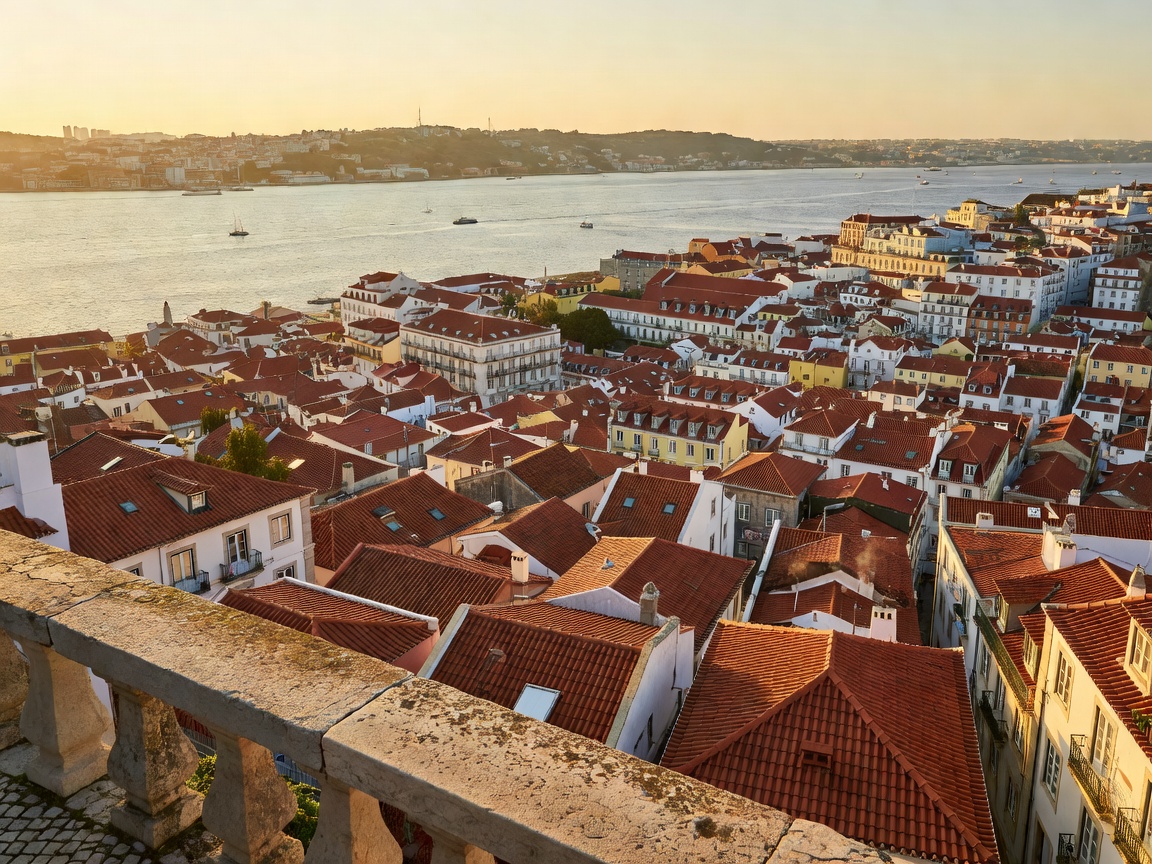 Scenic Lisbon viewpoint overlooking terracotta rooftops and the Tagus River
