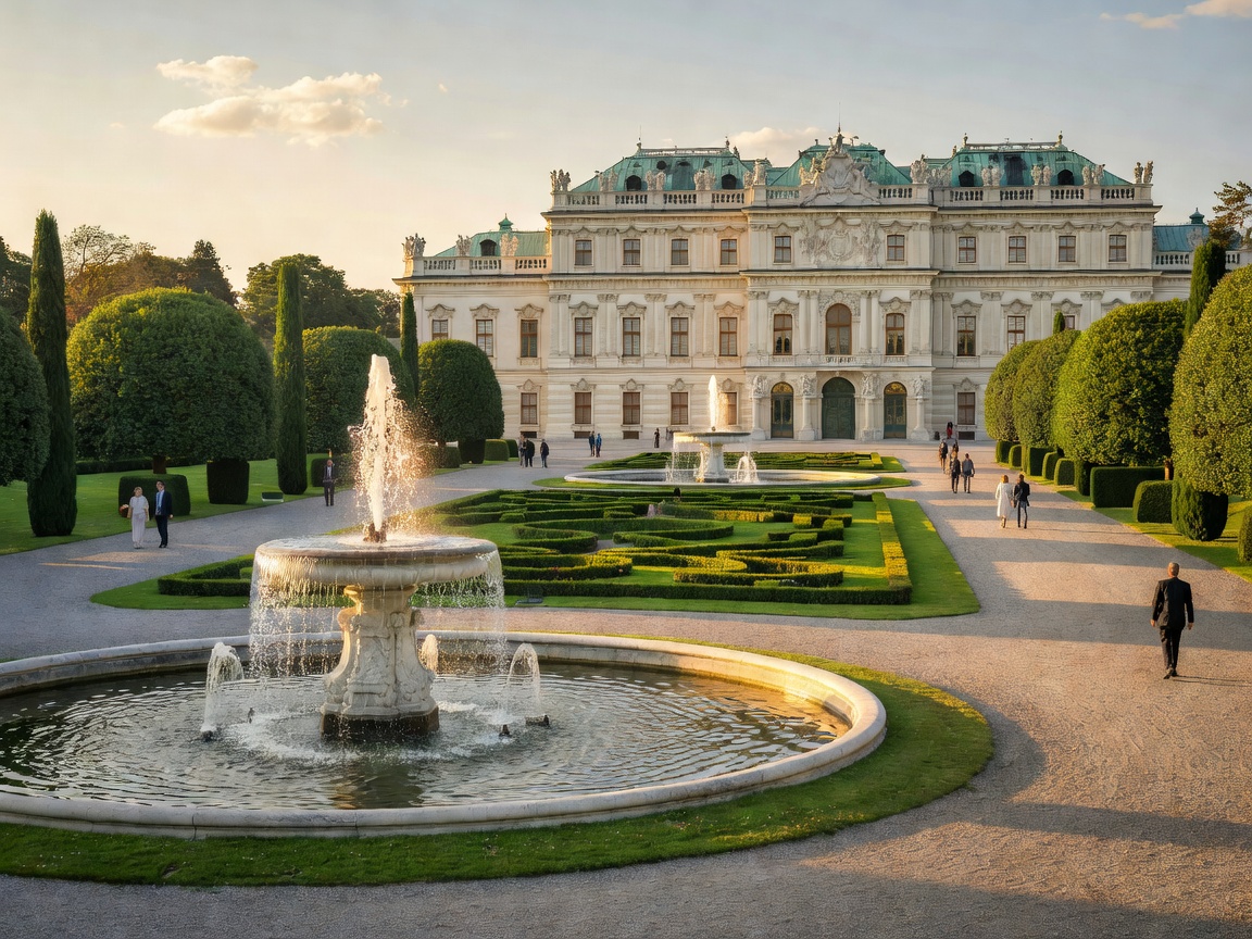 Vienna Belvedere Palace gardens with marble fountains and baroque facade